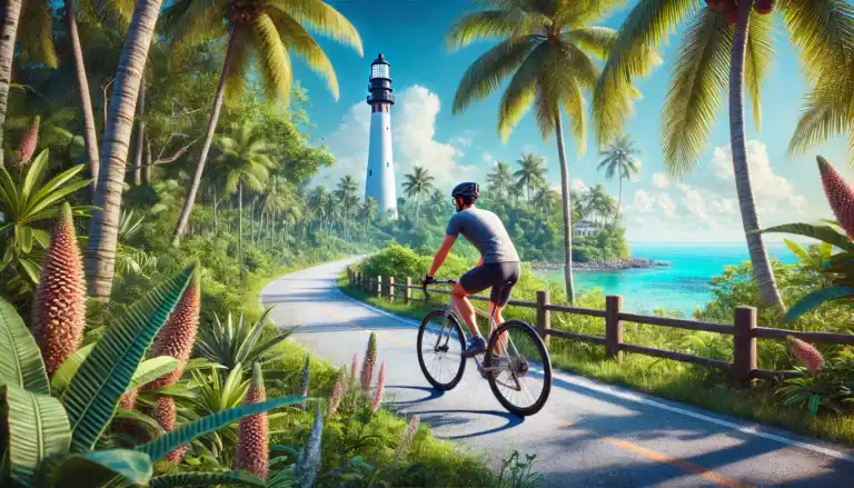 a photorealistic image capturing the scenic cycling experience in Key Biscayne, featuring the iconic Cape Florida Lighthouse and the lush surroundings.