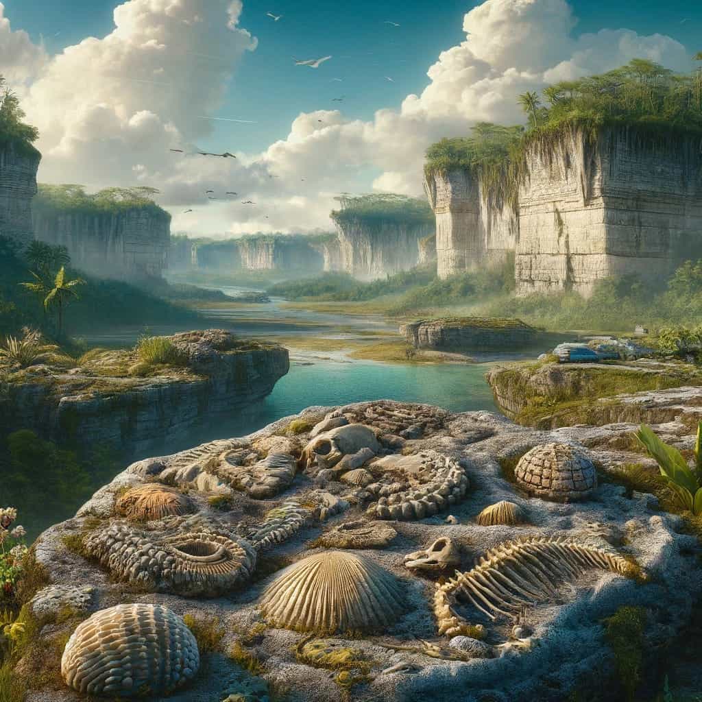 A serene and picturesque Florida landscape inspired by the Sunshine Republic podcast's discussion of geology and paleontology. The image features a tranquil marshland with a mix of sawgrass and shallow water, framed by limestone formations and tall palm trees. In the foreground, fossilized shells and rocks hint at Florida's geological history, while the background showcases a pastel sunset over a distant horizon, evoking a sense of time and natural beauty.