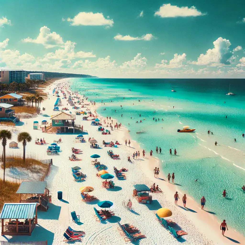 A picturesque view of Bay County, Florida, showcasing sugar-white sandy beaches bordered by turquoise Gulf waters, with a backdrop of lush green dunes and a clear blue sky, capturing the natural beauty and tranquility of this Panhandle destination.