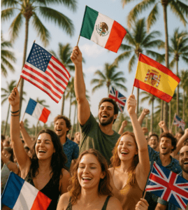 Costumed historical reenactors at Plaza de Luna during the Fiesta of Five Flags in Pensacola, with flags waving and ships docked in the bay.