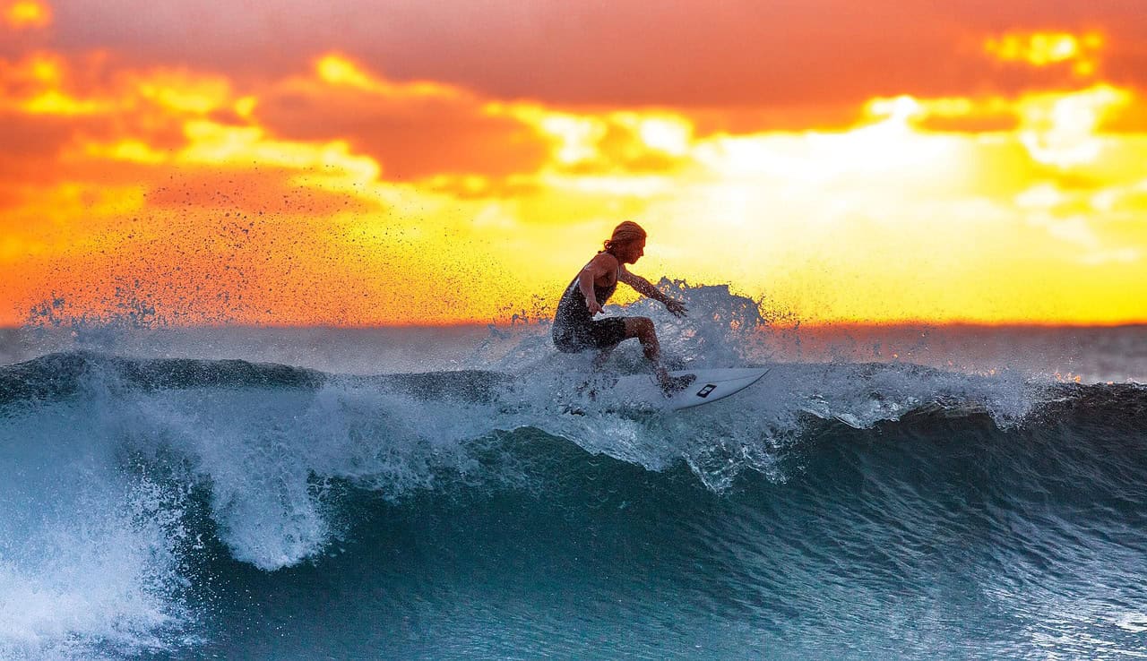 surfing, sunset, waves, surf, surfboard, surfer, water sports, sea, java island, indonesia, water, nature, ocean, seascape