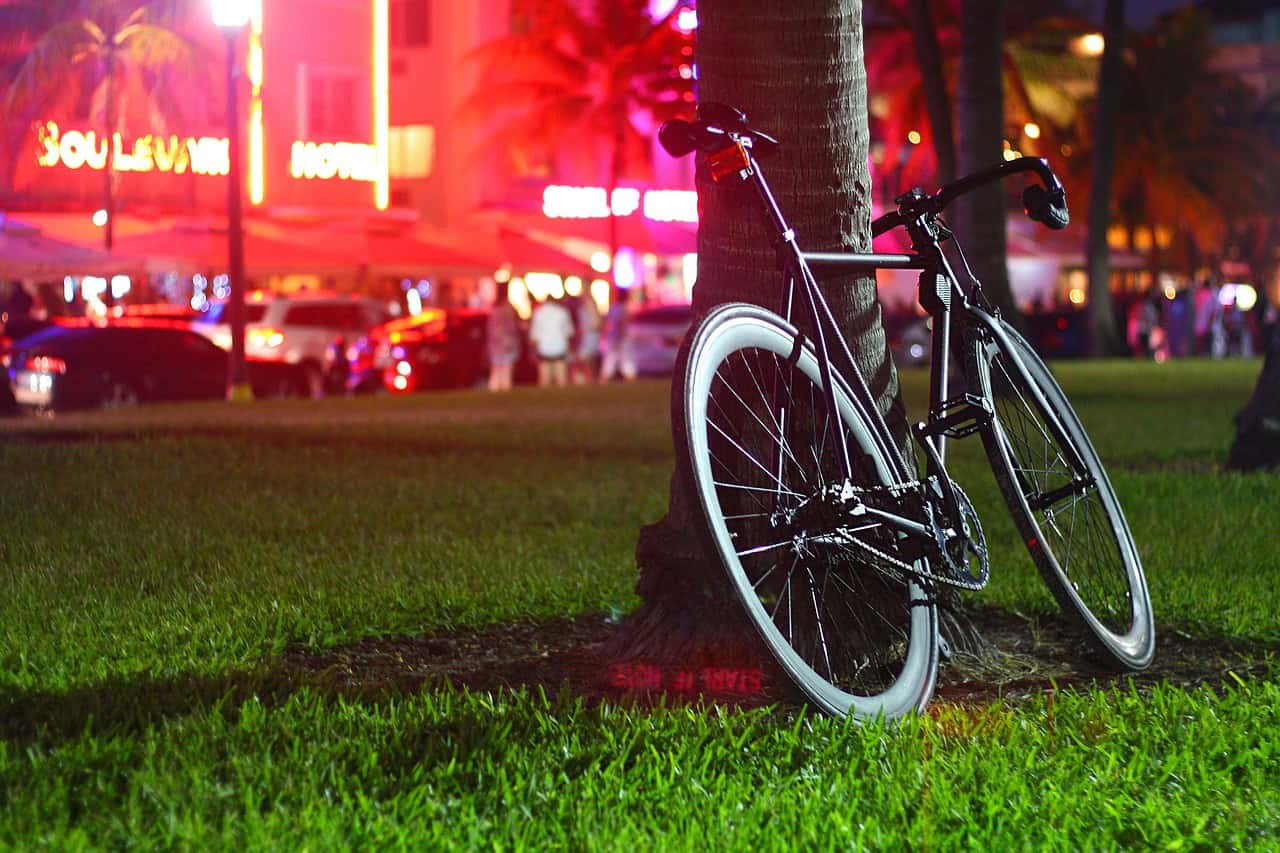night, park, street, bike, bicycle, fixie, black, lights, neon, miami beach, nature, usa, florida, ocean drive, grass, resort, fun, ride