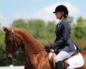 a woman riding on the back of a brown horse
