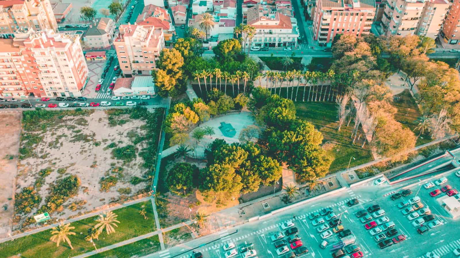 low angle photography of park and parking lot