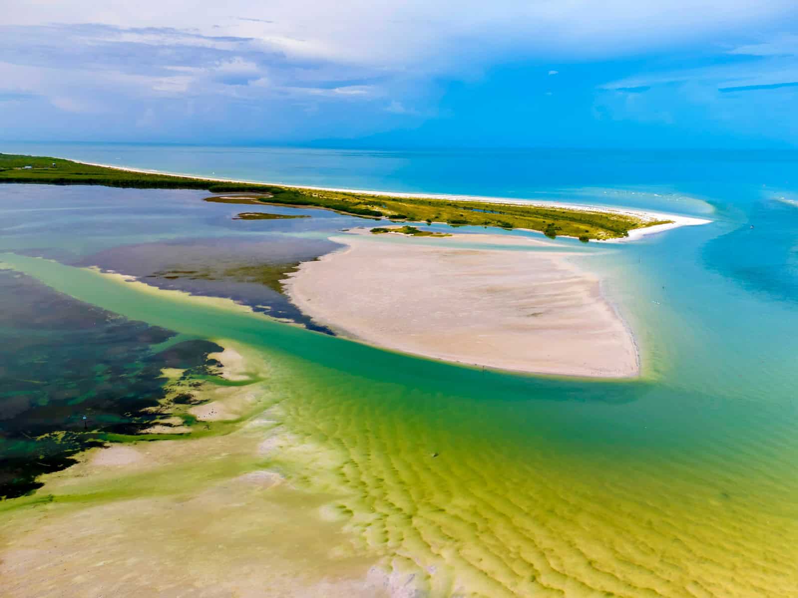 An aerial view of an island in the ocean